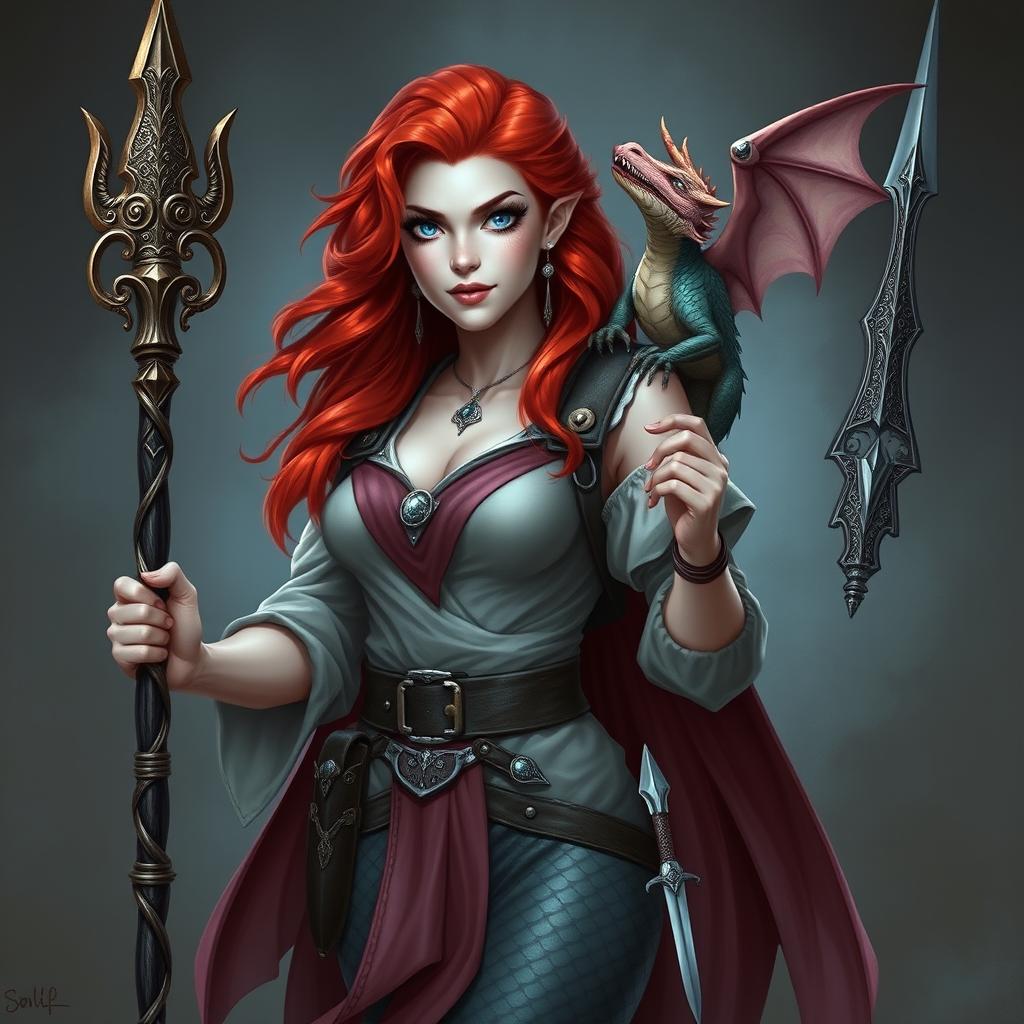 A powerful female draconic sorcerer and mermaid in human form, showcasing vibrant red hair cascading down her shoulders and striking silver eyes that shimmer with magic