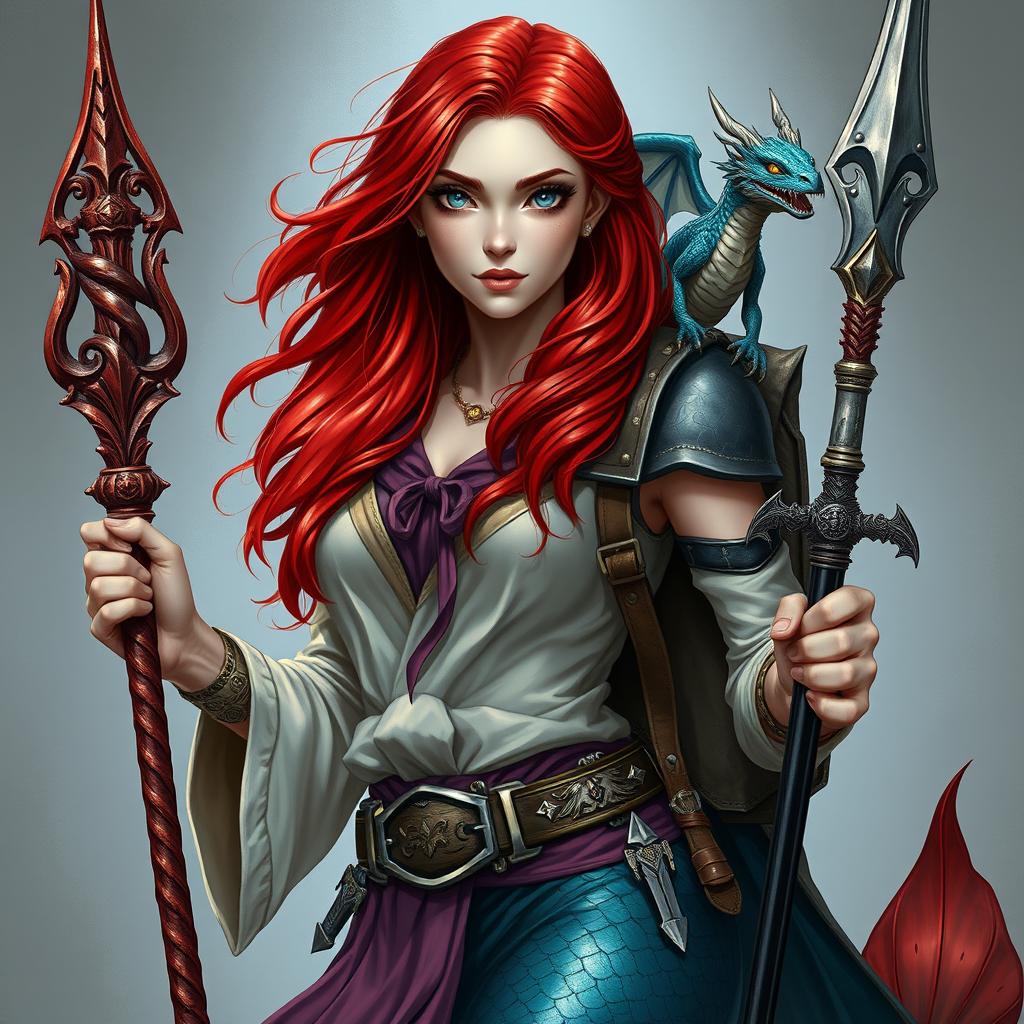 A powerful female draconic sorcerer and mermaid in human form, showcasing vibrant red hair cascading down her shoulders and striking silver eyes that shimmer with magic