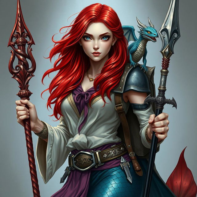 A powerful female draconic sorcerer and mermaid in human form, showcasing vibrant red hair cascading down her shoulders and striking silver eyes that shimmer with magic