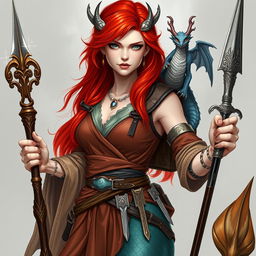 A powerful female draconic sorcerer and mermaid in human form, showcasing vibrant red hair cascading down her shoulders and striking silver eyes that shimmer with magic