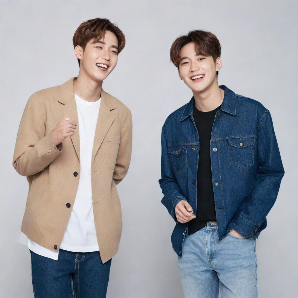 Generate an image of two popular K-pop male idols sharing a friendly, wholesome moment. They should be laughing, casual clothes, standing close but not provocative.