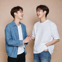 Generate an image of two popular K-pop male idols sharing a friendly, wholesome moment. They should be laughing, casual clothes, standing close but not provocative.