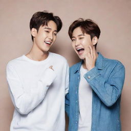 Generate an image of two popular K-pop male idols sharing a friendly, wholesome moment. They should be laughing, casual clothes, standing close but not provocative.