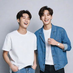 Generate an image of two popular K-pop male idols sharing a friendly, wholesome moment. They should be laughing, casual clothes, standing close but not provocative.