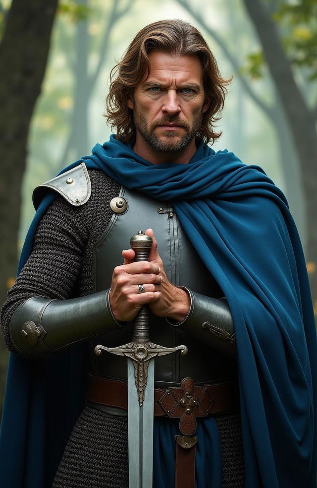 A hyper-realistic portrait of Boromir from Lord of the Rings, depicted as a seasoned warrior in his 40s with brown hair and a commanding presence