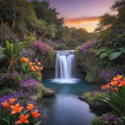 Generate a serene image of a hidden lagoon at sunset. In the center, a beautiful waterfall cascading down surrounded by lush greenery and exotic flowers. The sky filled with hues of orange and purples.