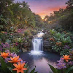 Generate a serene image of a hidden lagoon at sunset. In the center, a beautiful waterfall cascading down surrounded by lush greenery and exotic flowers. The sky filled with hues of orange and purples.