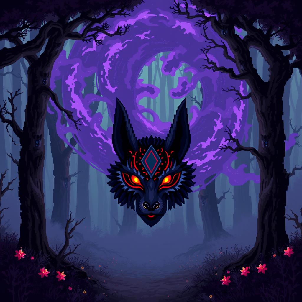 A magical forest depicted in pixel art style, featuring a spiral of purple fog winding through dark, magical trees