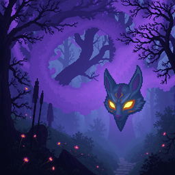 A magical forest depicted in pixel art style, featuring a spiral of purple fog winding through dark, magical trees