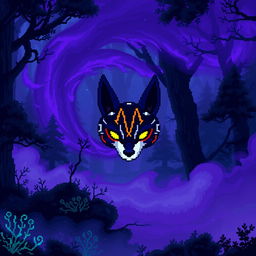 A magical forest depicted in pixel art style, featuring a spiral of purple fog winding through dark, magical trees