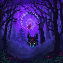 A magical forest depicted in pixel art style, featuring a spiral of purple fog winding through dark, magical trees