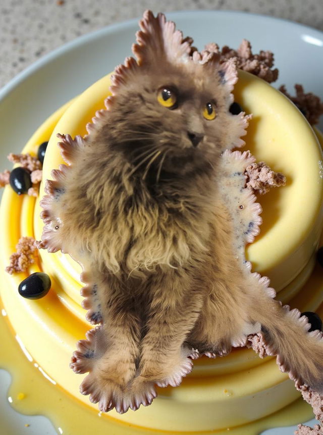 A portrait of a fluffy cat with large yellow eyes, sitting elegantly