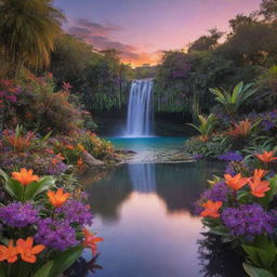 Generate a serene image of a hidden lagoon at sunset. In the center, a beautiful waterfall cascading down surrounded by lush greenery and exotic flowers. The sky filled with hues of orange and purples.