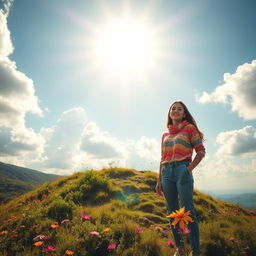 A vibrant and inspiring scene depicting a person in a serene natural landscape, embodying the essence of self-discovery and personal growth