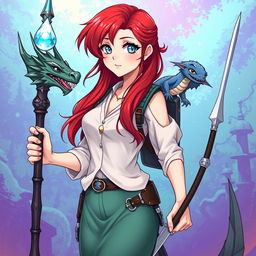 An anime-style illustration of a female draconic sorcerer from Dungeons & Dragons, depicted in her human form as a mermaid