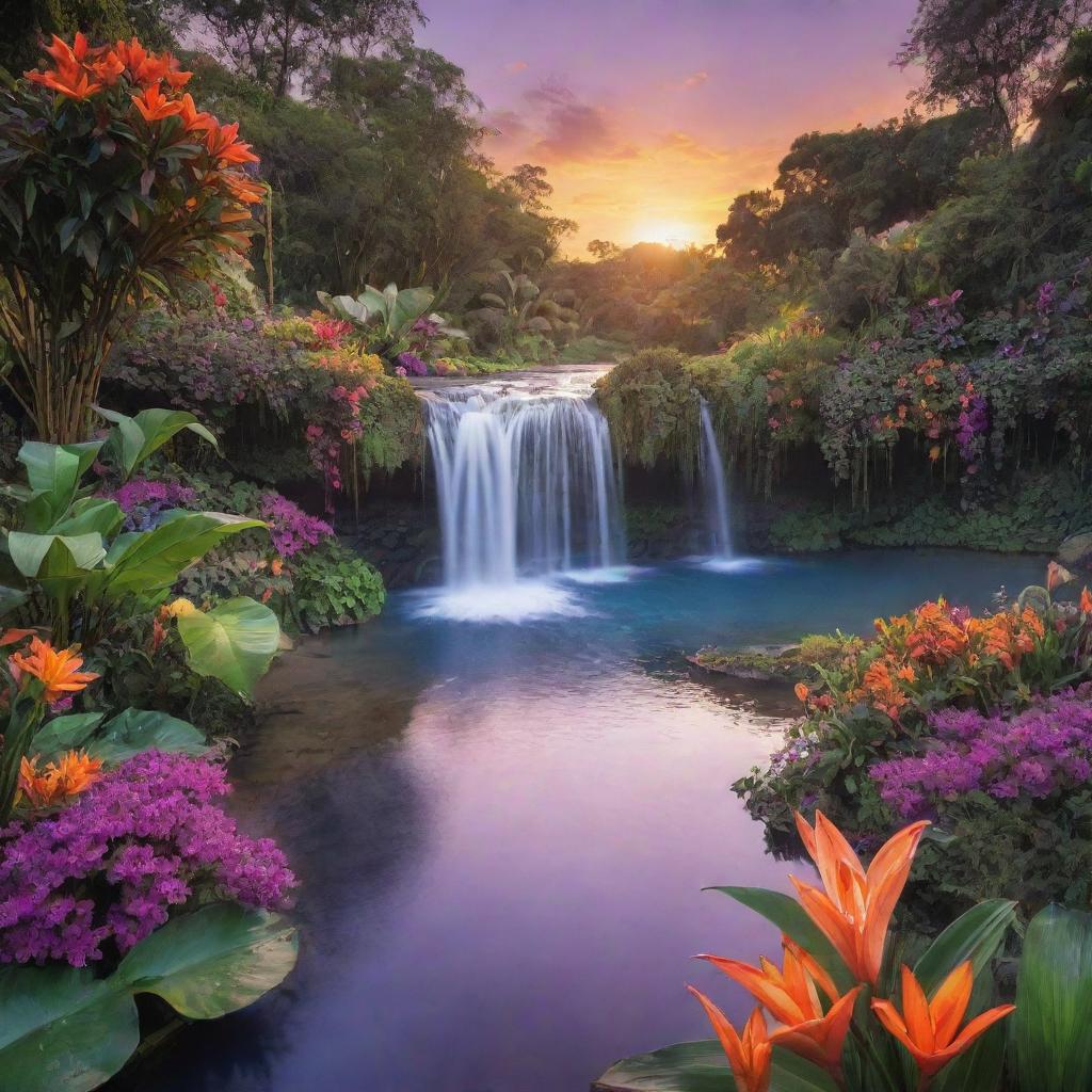 Generate a serene image of a hidden lagoon at sunset. In the center, a beautiful waterfall cascading down surrounded by lush greenery and exotic flowers. The sky filled with hues of orange and purples.