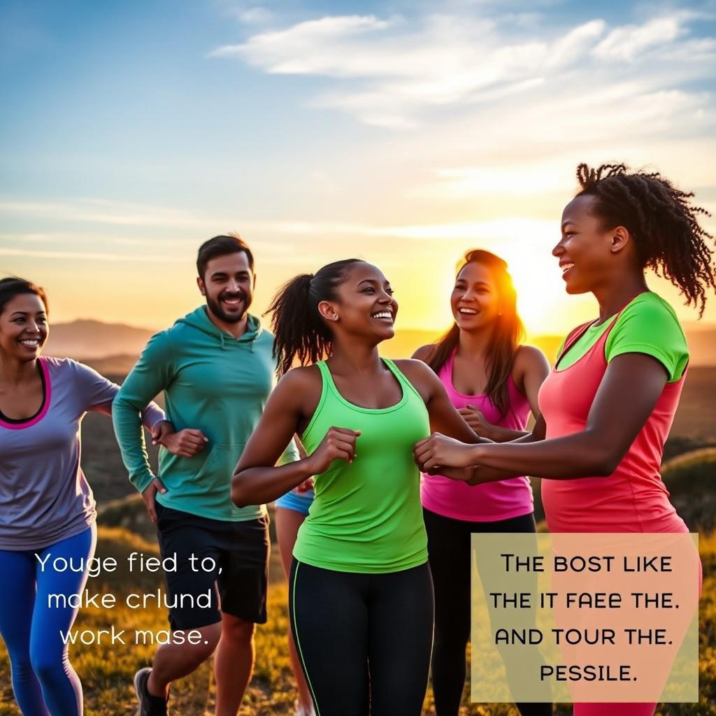 An uplifting and motivational scene featuring a group of diverse individuals engaged in a collaborative activity, such as a team-building exercise in a picturesque outdoor setting