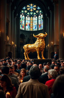 An interior view of a grand church filled with diverse individuals praying fervently towards a striking, intricately designed golden calf statue, which gleams under the vibrant stained glass windows