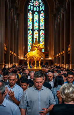 An interior view of a grand church filled with diverse individuals praying fervently towards a striking, intricately designed golden calf statue, which gleams under the vibrant stained glass windows