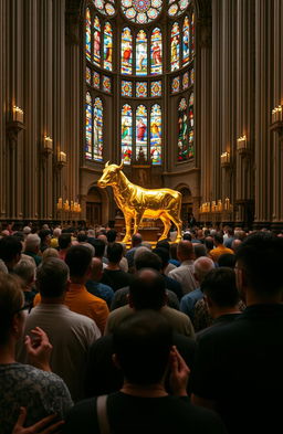 An interior view of a grand church filled with diverse individuals praying fervently towards a striking, intricately designed golden calf statue, which gleams under the vibrant stained glass windows