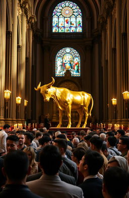 An interior view of a grand church filled with diverse individuals praying fervently towards a striking, intricately designed golden calf statue, which gleams under the vibrant stained glass windows