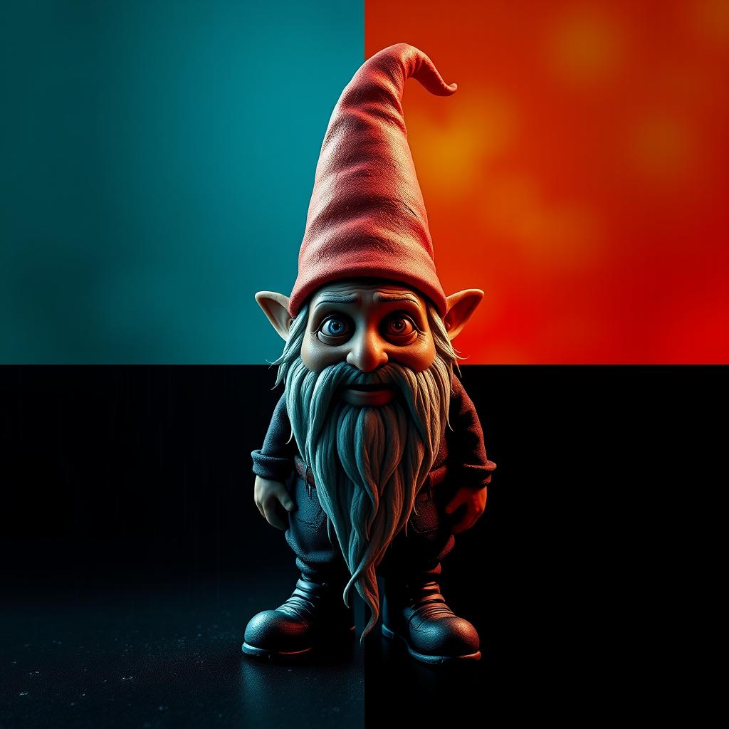 A holographic 3D model of a single gnome in the style of Karol Bak, composed within four distinct quadrants: the top left quadrant features a mucus blue background, the top right quadrant showcases a bile green backdrop, the bottom left quadrant has a blood red setting, and the bottom right quadrant is pure black