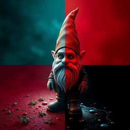 A holographic 3D model of a single gnome in the style of Karol Bak, composed within four distinct quadrants: the top left quadrant features a mucus blue background, the top right quadrant showcases a bile green backdrop, the bottom left quadrant has a blood red setting, and the bottom right quadrant is pure black