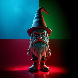 A holographic 3D model of a single gnome in the style of Karol Bak, composed within four distinct quadrants: the top left quadrant features a mucus blue background, the top right quadrant showcases a bile green backdrop, the bottom left quadrant has a blood red setting, and the bottom right quadrant is pure black