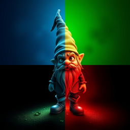 A holographic 3D model of a single gnome in the style of Karol Bak, composed within four distinct quadrants: the top left quadrant features a mucus blue background, the top right quadrant showcases a bile green backdrop, the bottom left quadrant has a blood red setting, and the bottom right quadrant is pure black