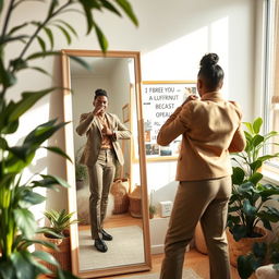 A captivating and motivational scene showcasing a person standing confidently in front of a mirror, reflecting their best self