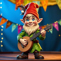 A young gnome bard with a cheerful expression, featuring bright blue eyes and a vibrant green outfit adorned with musical notes, standing confidently on a stage