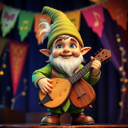 A young gnome bard with a cheerful expression, featuring bright blue eyes and a vibrant green outfit adorned with musical notes, standing confidently on a stage