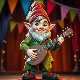 A young gnome bard with a cheerful expression, featuring bright blue eyes and a vibrant green outfit adorned with musical notes, standing confidently on a stage