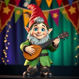 A young gnome bard with a cheerful expression, featuring bright blue eyes and a vibrant green outfit adorned with musical notes, standing confidently on a stage