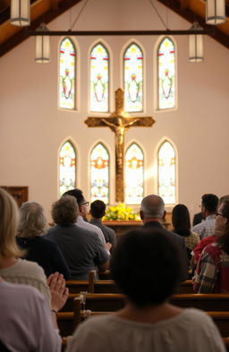 A serene scene inside a traditional church, featuring a diverse group of people praying reverently to a beautifully adorned cross