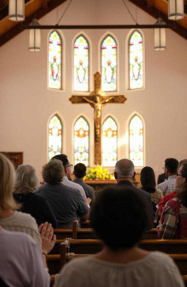 A serene scene inside a traditional church, featuring a diverse group of people praying reverently to a beautifully adorned cross