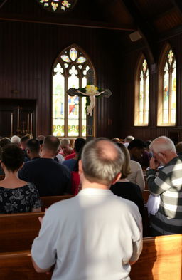 A serene scene inside a traditional church, featuring a diverse group of people praying reverently to a beautifully adorned cross