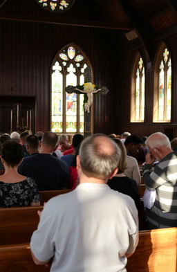 A serene scene inside a traditional church, featuring a diverse group of people praying reverently to a beautifully adorned cross