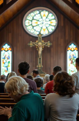 A serene scene inside a traditional church, featuring a diverse group of people praying reverently to a beautifully adorned cross