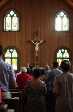 A serene scene inside a traditional church, featuring a diverse group of people praying reverently to a beautifully adorned cross