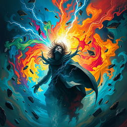 A dramatic and chaotic scene titled 'Kaos', depicting a swirling vortex of energy surrounded by vivid colors like electric blue, fiery red, and vibrant yellow