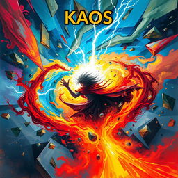 A dramatic and chaotic scene titled 'Kaos', depicting a swirling vortex of energy surrounded by vivid colors like electric blue, fiery red, and vibrant yellow