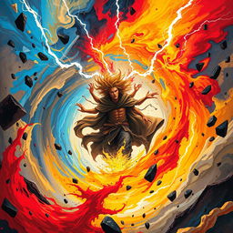 A dramatic and chaotic scene titled 'Kaos', depicting a swirling vortex of energy surrounded by vivid colors like electric blue, fiery red, and vibrant yellow