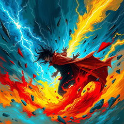 A dramatic and chaotic scene titled 'Kaos', depicting a swirling vortex of energy surrounded by vivid colors like electric blue, fiery red, and vibrant yellow