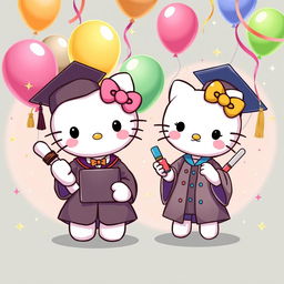 A heartwarming illustration featuring Hello Kitty, dressed in a traditional graduation gown and cap, proudly holding a diploma, celebrating her achievement of graduating as a teacher