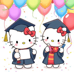 A heartwarming illustration featuring Hello Kitty, dressed in a traditional graduation gown and cap, proudly holding a diploma, celebrating her achievement of graduating as a teacher