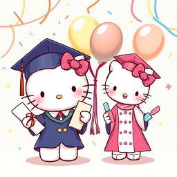 A heartwarming illustration featuring Hello Kitty, dressed in a traditional graduation gown and cap, proudly holding a diploma, celebrating her achievement of graduating as a teacher