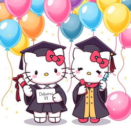 A heartwarming illustration featuring Hello Kitty, dressed in a traditional graduation gown and cap, proudly holding a diploma, celebrating her achievement of graduating as a teacher