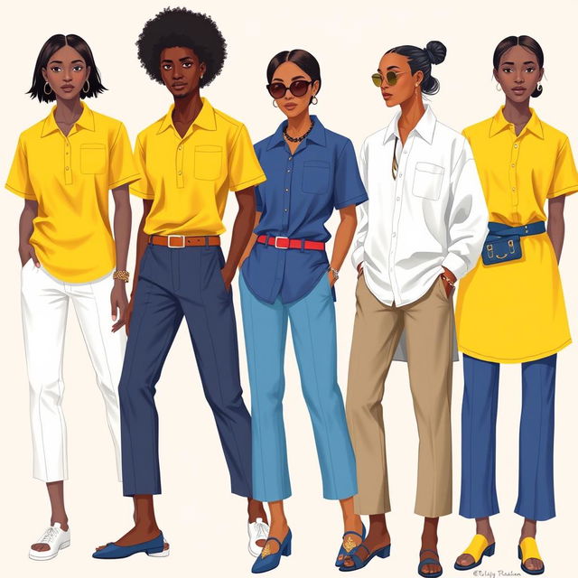 A fashion illustration showcasing a collection of stylish 'baju polos' (plain shirts) in various colors and designs