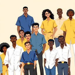 A fashion illustration showcasing a collection of stylish 'baju polos' (plain shirts) in various colors and designs